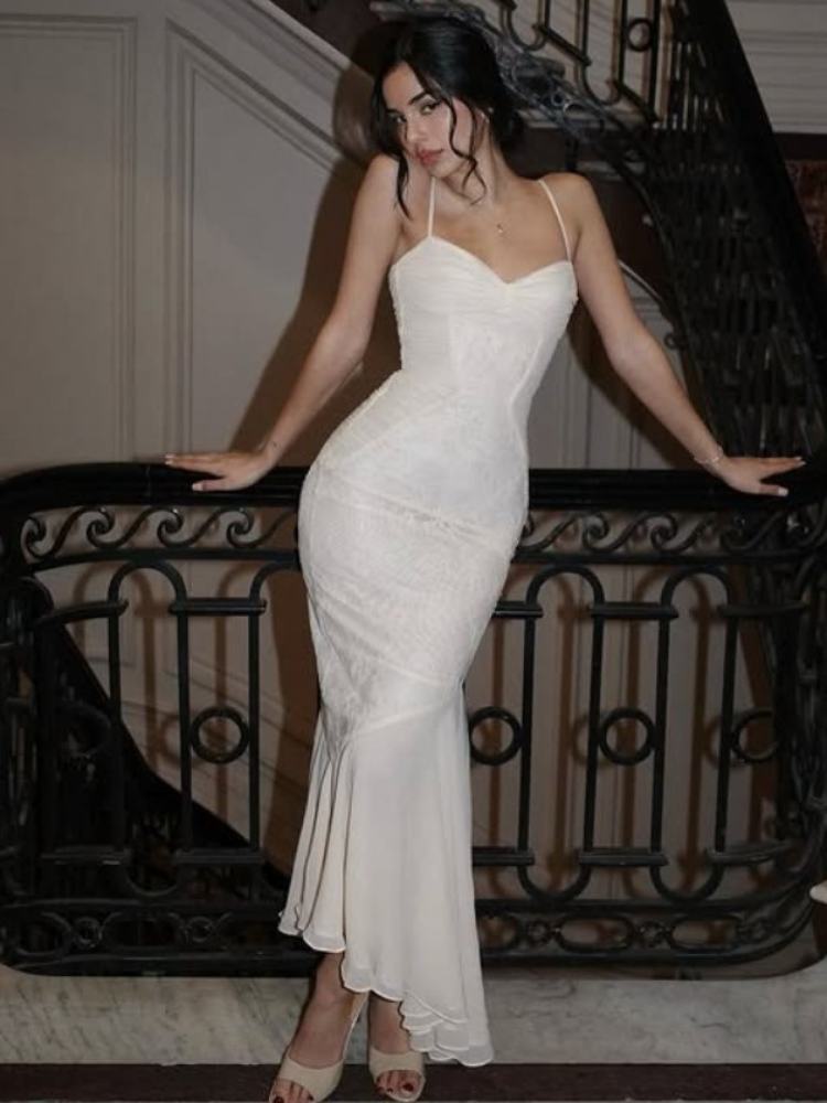 Celina - Maxi Bodycon Dress with Lace Detail in Champagne