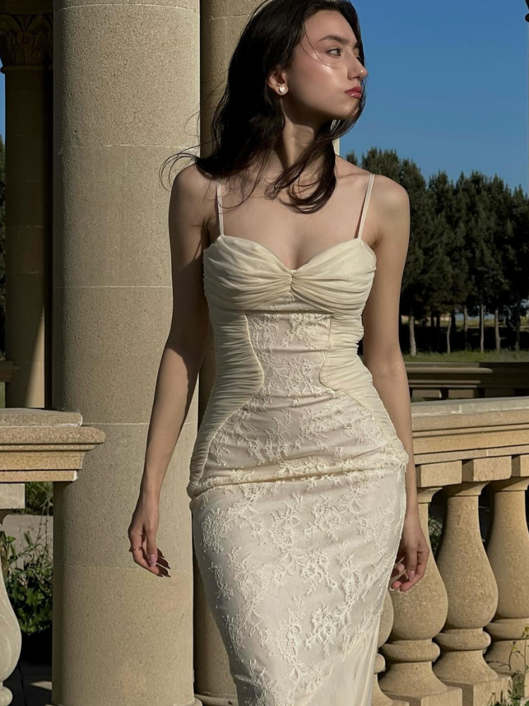 Celina - Maxi Bodycon Dress with Lace Detail in Champagne