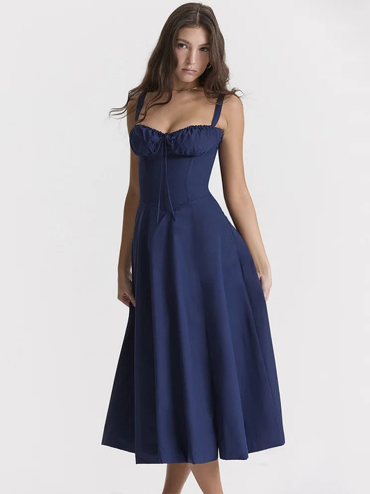 Isaline  - A-Line Corset Midi Dress in Noir Élégant