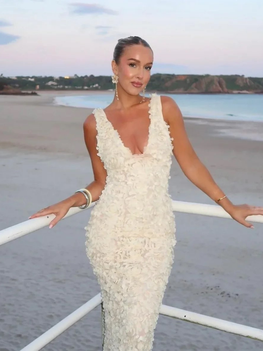 Dahlia - 3D Floral See-Through Maxi Dress in Ivory Bloom