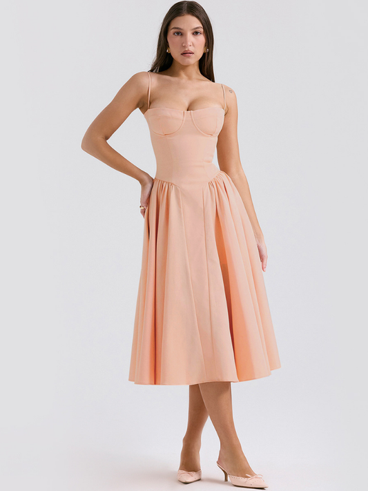 Amélie - Blush Corset Midi Dress With Spaghetti Straps