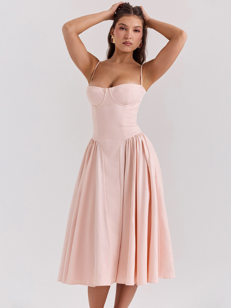 Amélie - Blush Corset Midi Dress With Spaghetti Straps