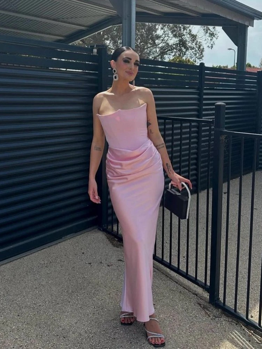 Seraphina - Strapless Satin Corset Maxi Dress in Pink