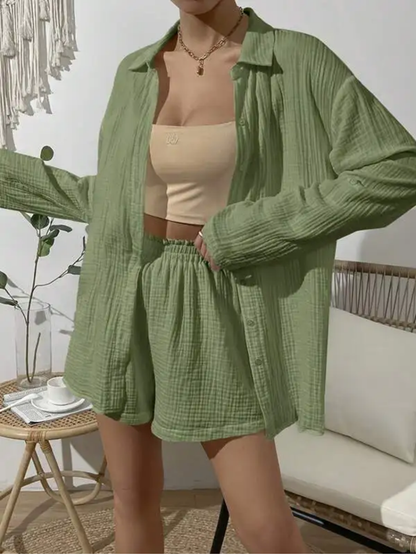 Aerin - Cotton Gauze Button-Up Shirt & Shorts Set