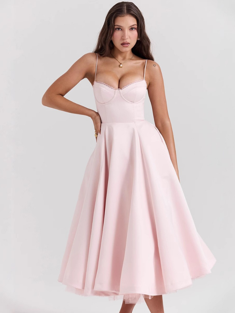 Aurora - Satin Bustier Flare Midi Dress