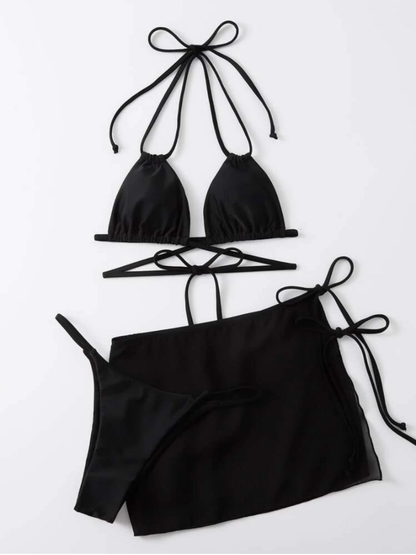 3-Piece Triangle Bikini Set with Sheer Skirt