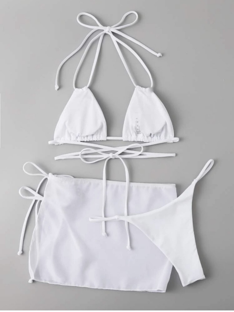 3-Piece Triangle Bikini Set with Sheer Skirt