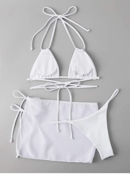 3-Piece Triangle Bikini Set with Sheer Skirt