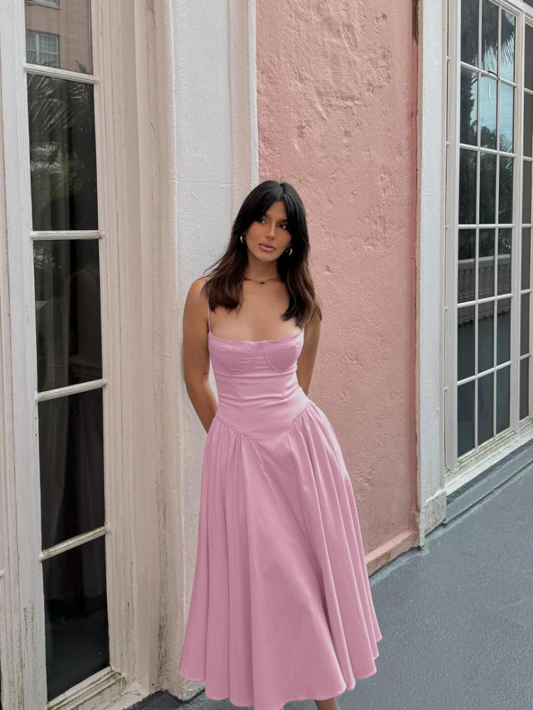 Amélie - Blush Corset Midi Dress With Spaghetti Straps