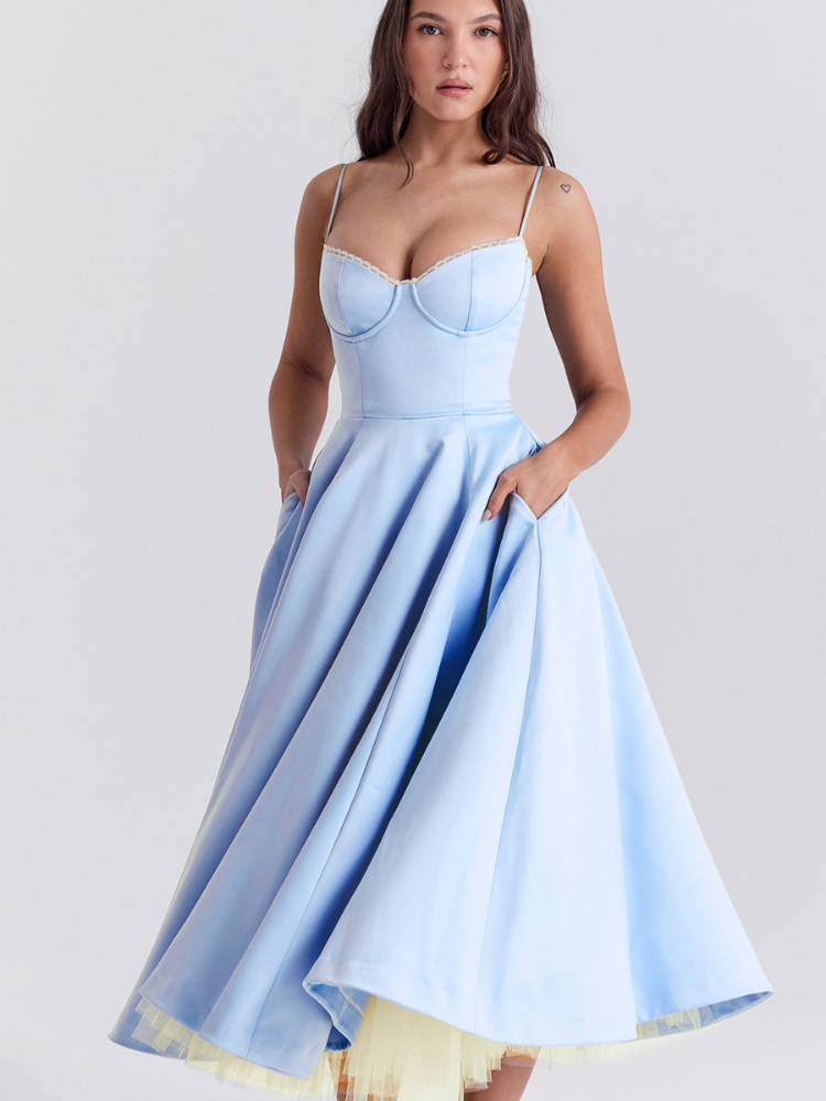 Aurora - Satin Bustier Flare Midi Dress