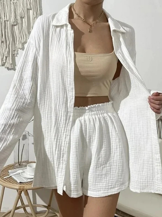 Aerin - Cotton Gauze Button-Up Shirt & Shorts Set