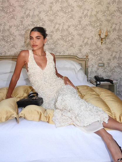 Dahlia - 3D Floral See-Through Maxi Dress in Ivory Bloom