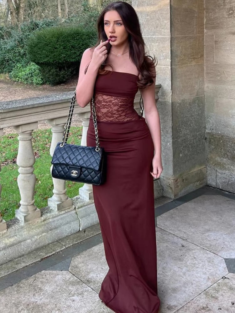 Elegant Strapless Lace Cut-Out Maxi Dress