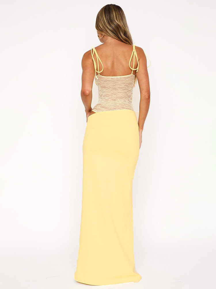 Elegant Strapless Lace Cut-Out Maxi Dress