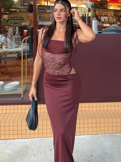 Elegant Strapless Lace Cut-Out Maxi Dress